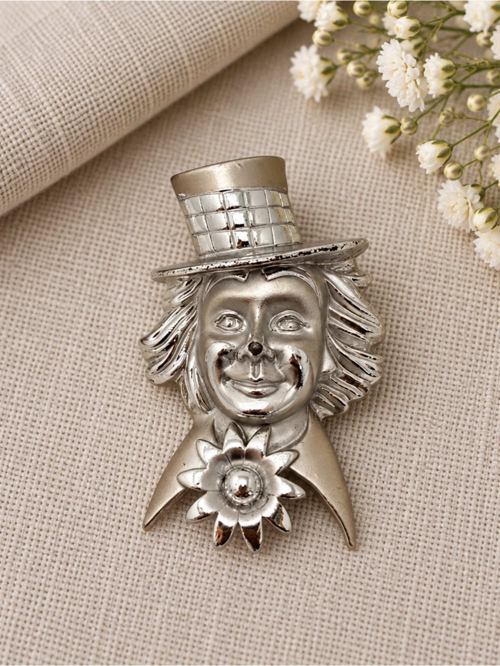 Vintage Clown Silver Tone Brooch